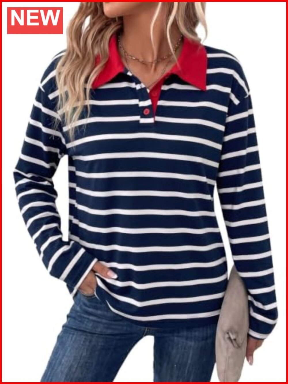 Womens V Neck Button Down Long Sleeve Striped Polo Shirt Knit